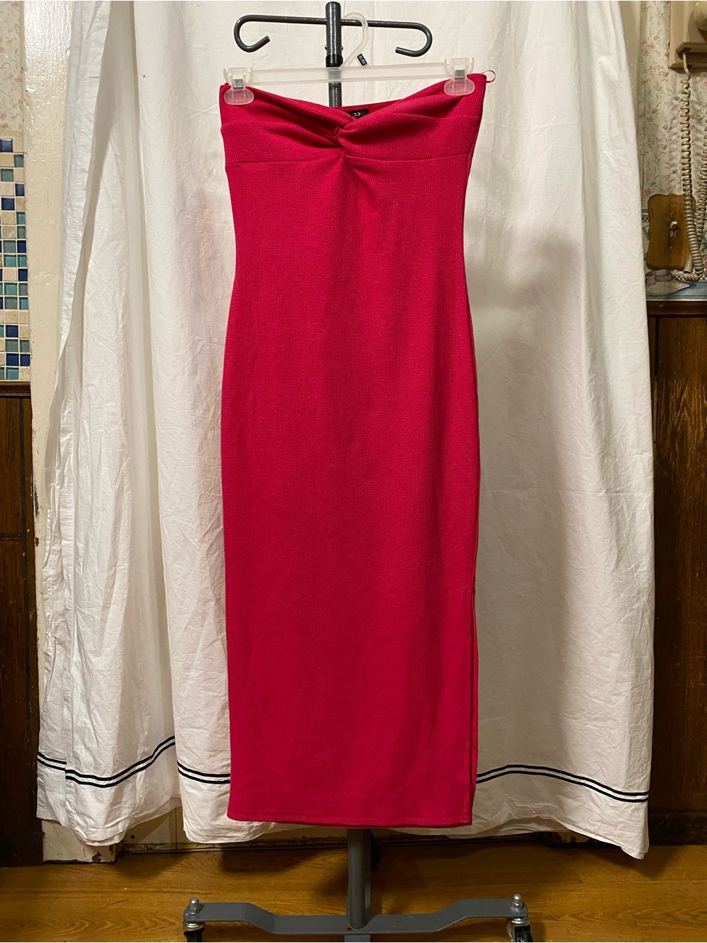 Papermoon Strapless Twist-Front Midi Dress in Hot Pink
